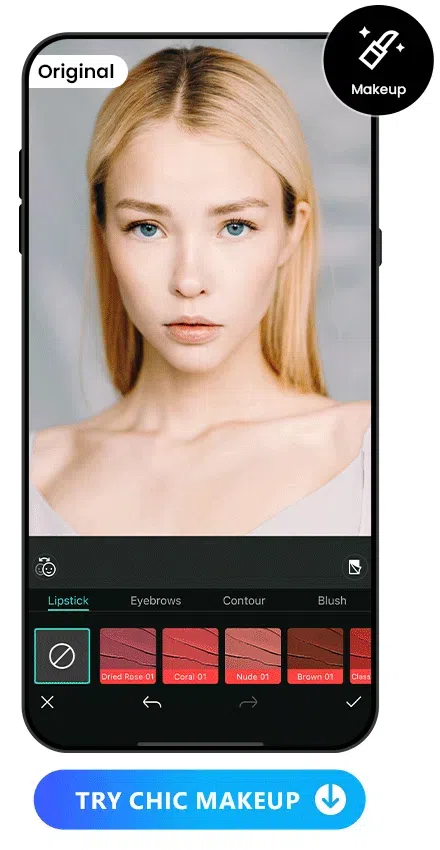apply lipstick, eyebrows, blush makeup features to a woman's photo with PhotoDirector